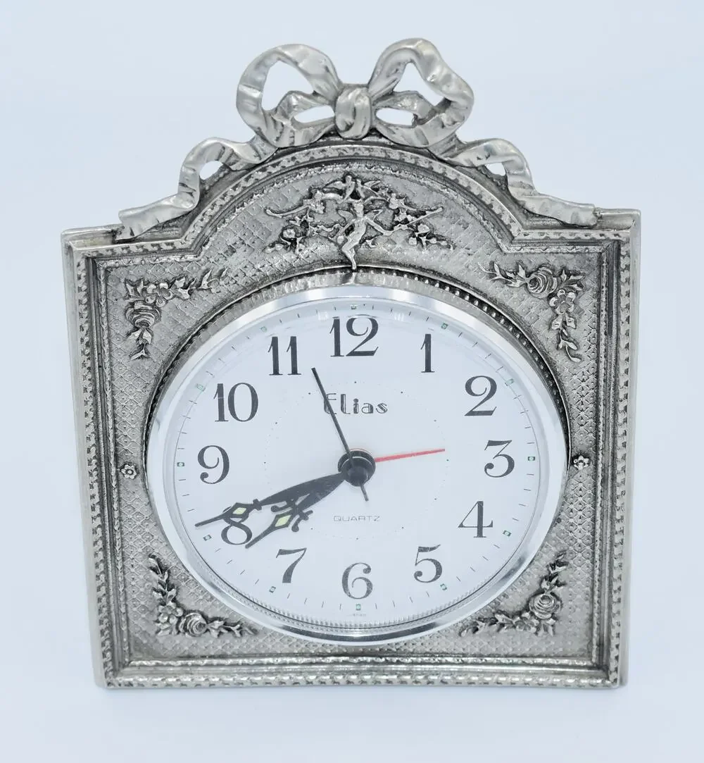 Elias-1990 Pewter 925 Fine Silver Art Nouveau Ornate Alarm Clock